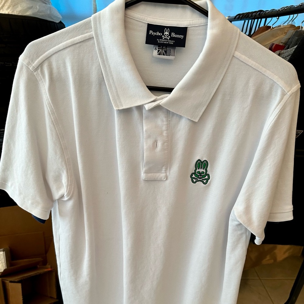 Psycho Bunny Bright White Polo Green Bunny Size 6 Slim Fit